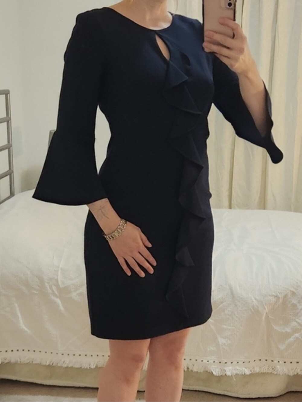 Jessica Howard Navy Blue Midi Dress With Bell Sleeves And Ruffle